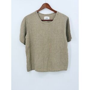 Flax by Jeanne Engelhart Linen Gingham Short Sleeve Top Tan Green Small